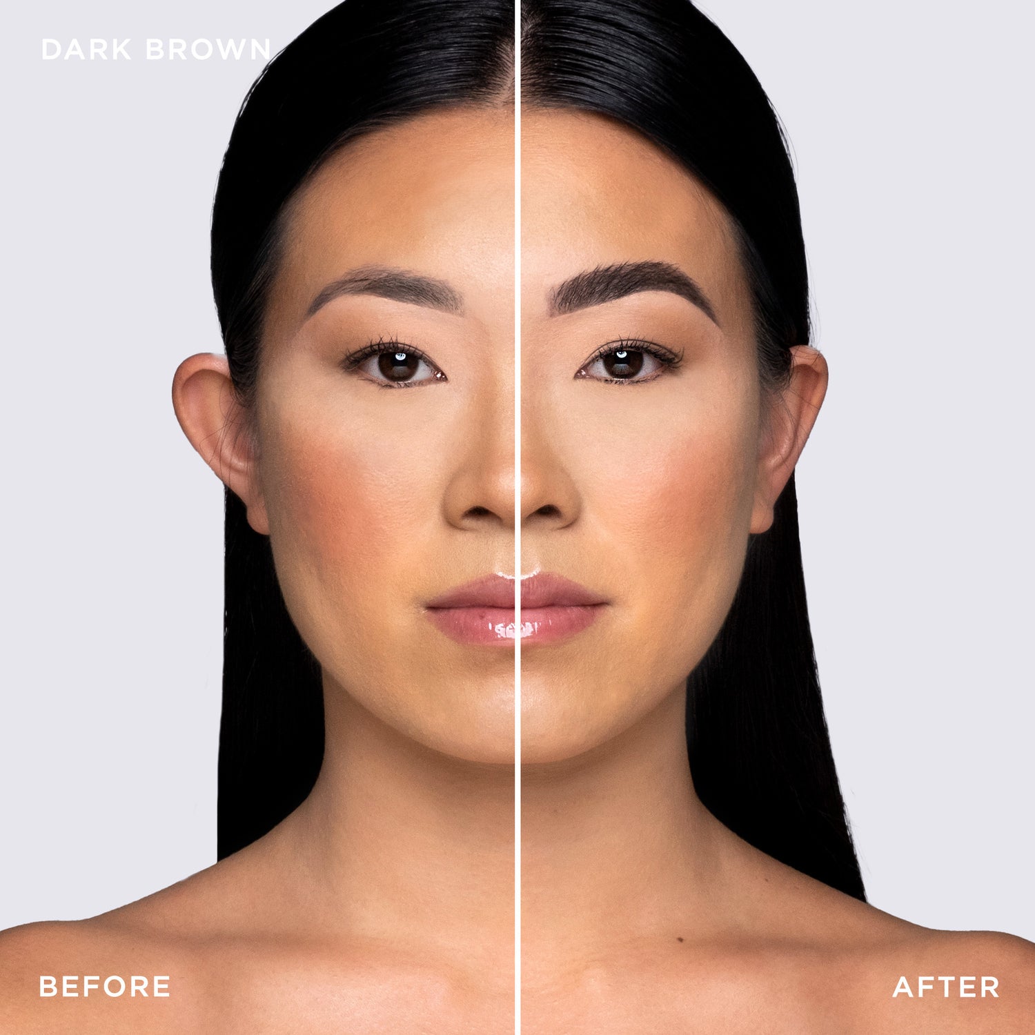 Before and after shot of model wearing Tinted Multi-Peptide Brow Gel - color-dark-brown
