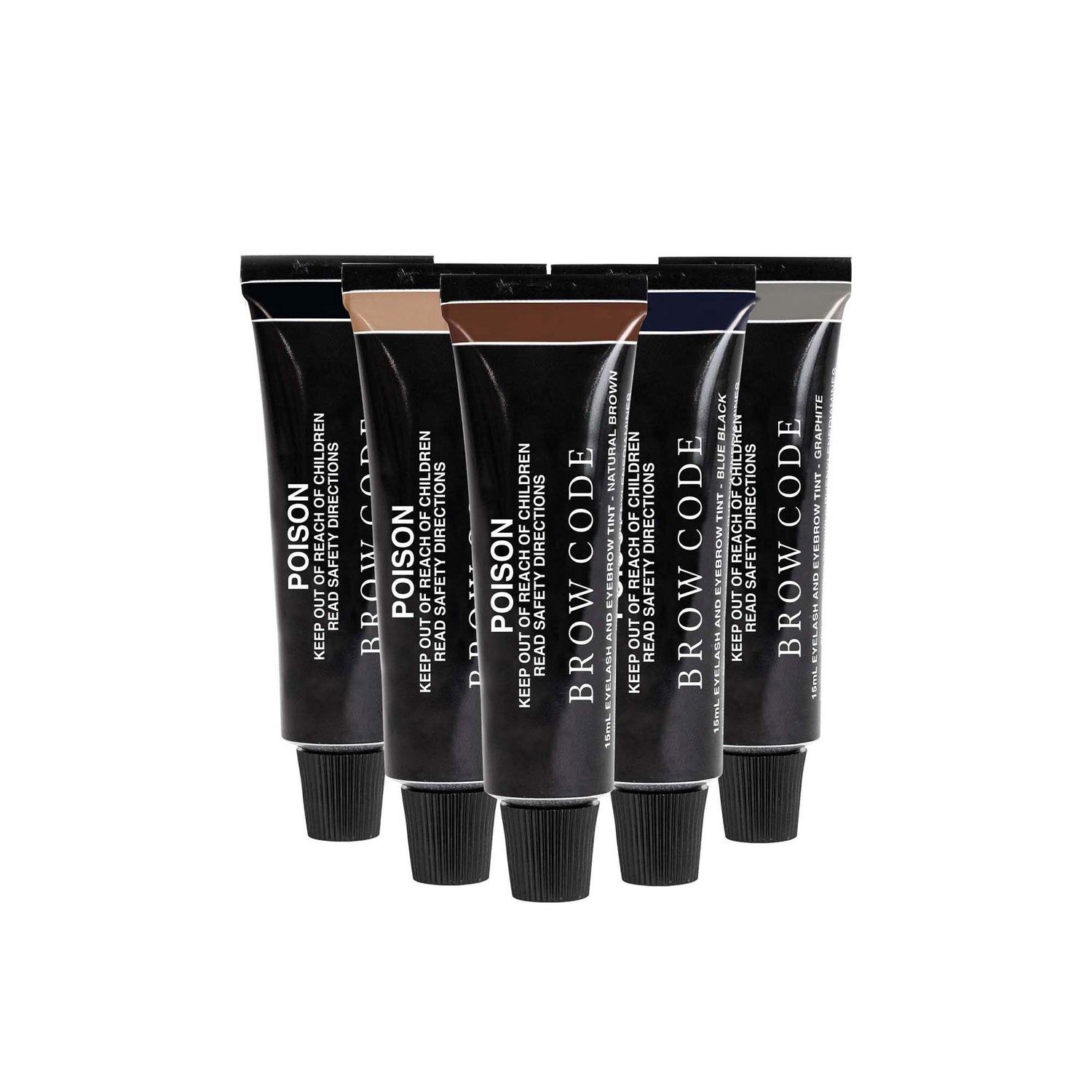 Image of all the Brow Tint colours against a white background