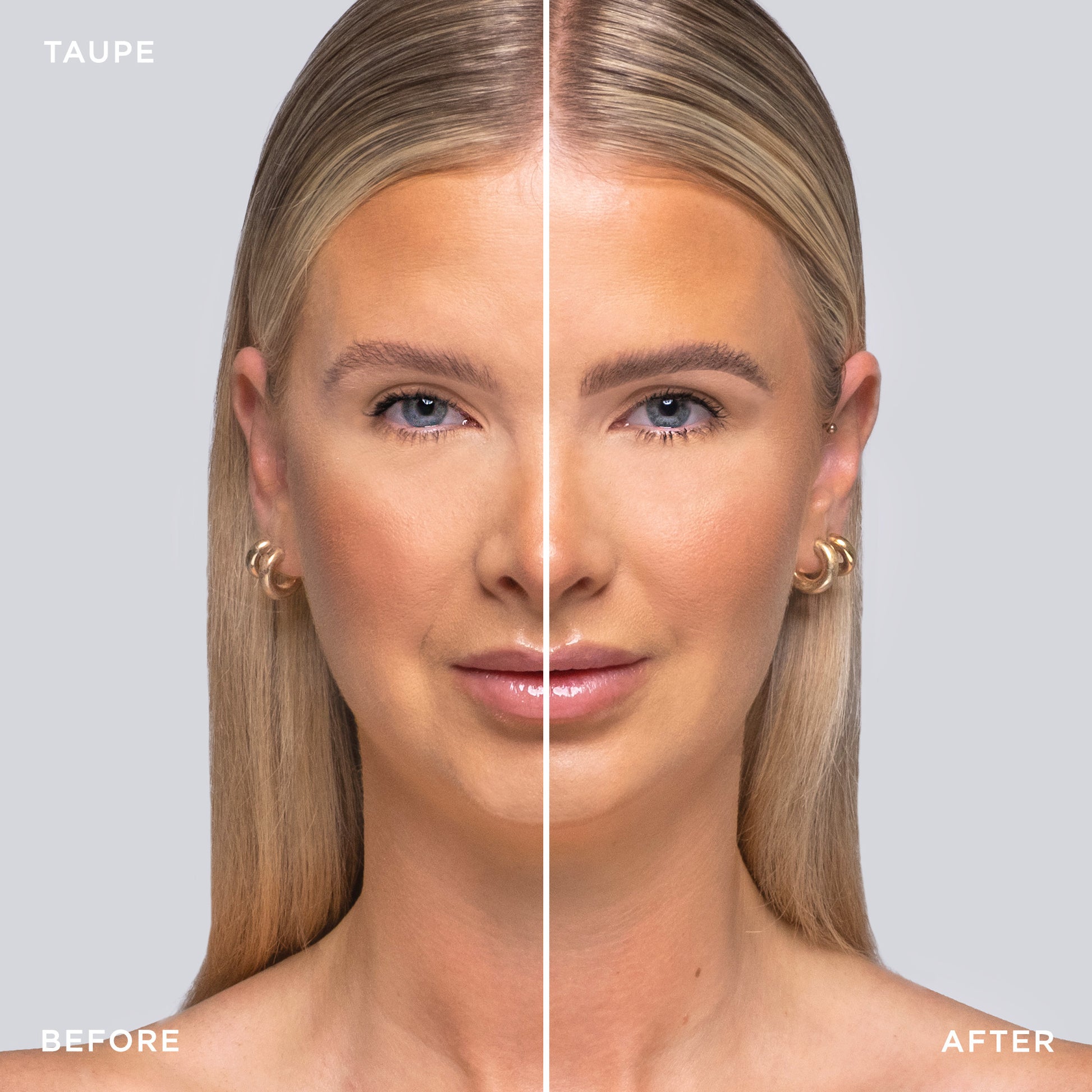 Before and after shot of model wearing Tinted Multi-Peptide Brow Gel - color-taupe